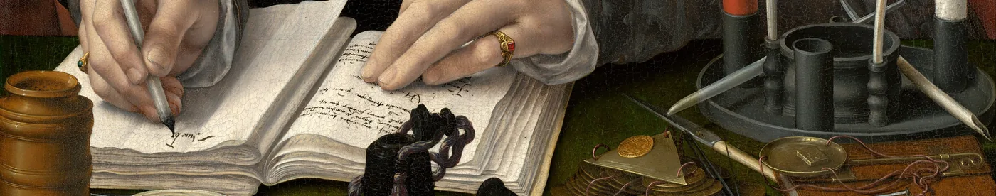 Detalhe de pintura renascentista: mãos registrando lançamentos em livro contábil, ao lado de balança, moedas e tinteiro.